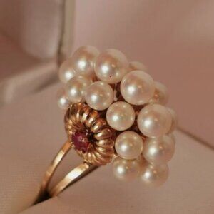 Fabulous 14 kt Vintage Akoya Pearl and Ruby Ring
